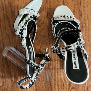 Karl Lagerfeld Black and White Pearl-Trim Tweed Strappy Heels